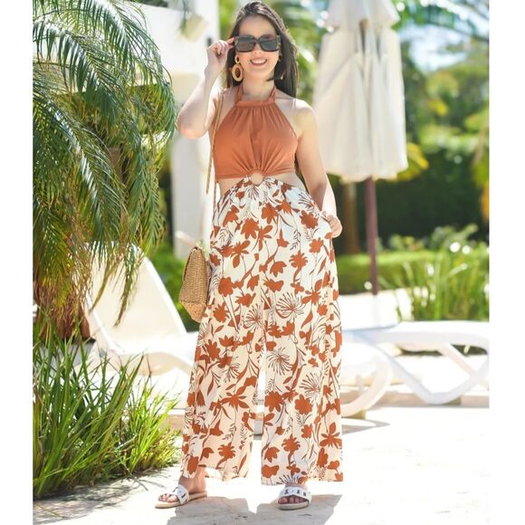 boutique Pants - Boutique, Cotton Rust & Cream, Wide Leg,  Cutout Floral Jumpsuit, sz L, Vacation
